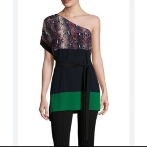 Diane Von Furstenberg Silk Snakeskun Colorblock One Shoulder Open Side Tunic Lrg